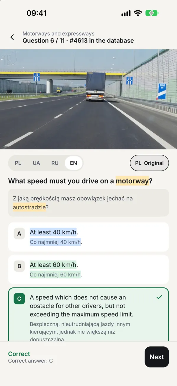 A question with matching words highlighted in the Polish original