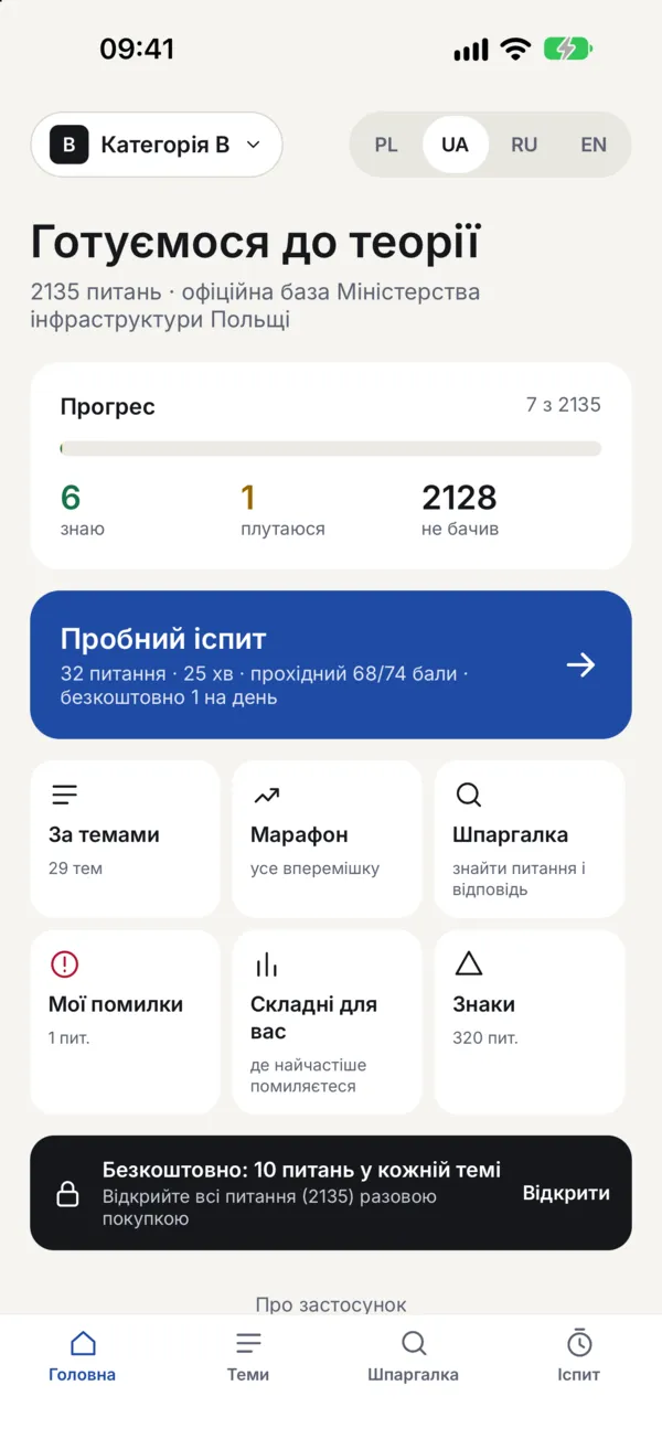 Головний екран: прогрес, пробний іспит, режими